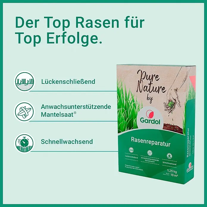 Gardol Nachsaat-Rasen Rasenreparatur - 1,25 kg, Saatgut ausreichend für: 10 m² - Gardol Pure Nature Rasenreparatur-Box für 'Top Erfolge,' mit lückenschließenden, anwachsunterstützenden und schnellwachsenden Eigenschaften.