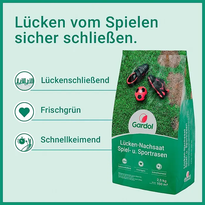 Gardol Nachsaat-Rasen Spiel- & Sprot - 2,5 kg, Saatgut ausreichend für: 150 m² - Gardol Lücken-Nachsaat (2,5kg) für Spiel- u. Sportrasen, mit Gras, Fußballschuhen, Ball. Füllt Lücken, frischgrün, schnellkeimend.