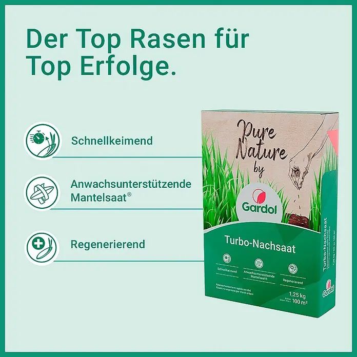 Gardol Nachsaat-Rasen Turbo - 1,25 kg, Saatgut ausreichend für: 100 m² - Gardol Pure Nature Turbo-Nachsaat Rasensamen-Box, 1,25 kg, schnellkeimend, anwachsunterstützende Mantelsaat, regenerierend.