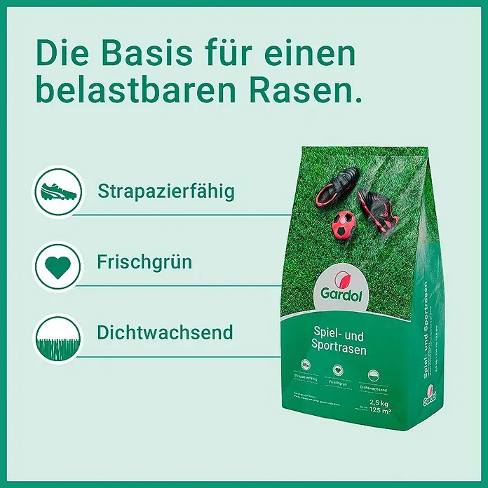Gardol Spiel- & Sportrasensamen - 2,5 kg, Saatgut ausreichend für: 125 m² - Gardol Spiel- und Sportrasen Samenbeutel, grün mit Gras, Fußballschuhen und Ball, für strapazierfähigen, frischgrünen, dichten Rasen.