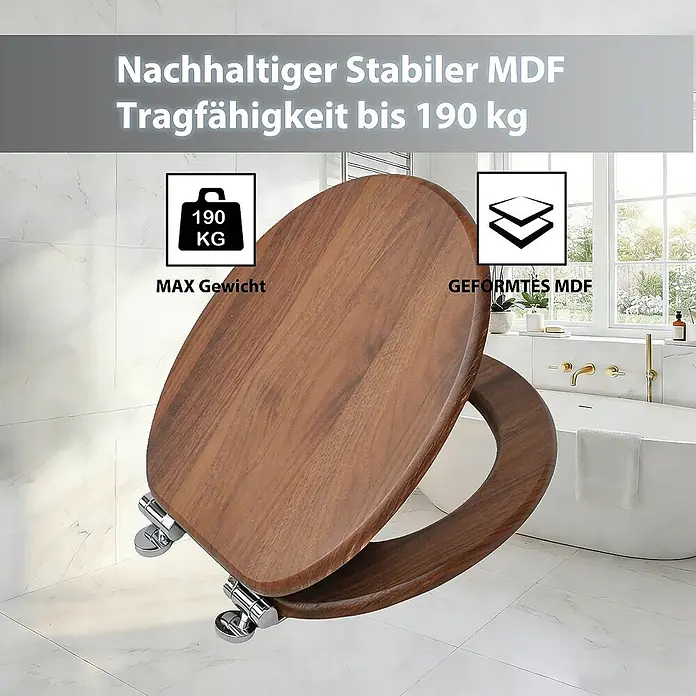 SAINOS WC-Sitz MDF WC-Sitz Braun Holzoptik, O-Form, Absenkautomatik, Zinkscharniere, Unten - MDF, Braun, Mit Absenkautomatik