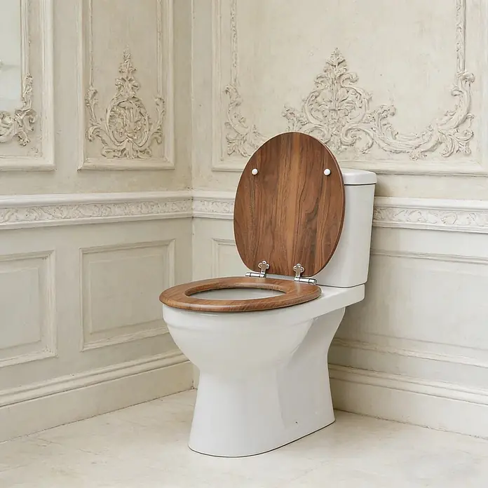 SAINOS WC-Sitz MDF WC-Sitz Braun Holzoptik, O-Form, Absenkautomatik, Zinkscharniere, Unten - MDF, Braun, Mit Absenkautomatik