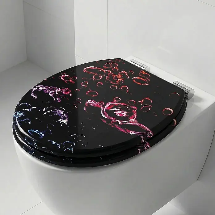 SAINOS WC-Sitz MDF WC-Sitz Schwarz, O-Form, Absenkautomatik, Zinkscharniere, Unten - MDF, Schwarz, Mit Absenkautomatik - Schwarzer Toilettensitz mit farbigem Blasenmuster und Chromscharnieren.