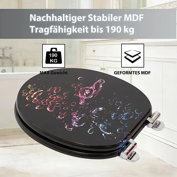 SAINOS WC-Sitz MDF WC-Sitz Schwarz, O-Form, Absenkautomatik, Zinkscharniere, Unten - MDF, Schwarz, Mit Absenkautomatik - Schwarzer MDF WC-Sitz mit buntem Blasendesign, stabil und bis 190 kg belastbar, im Badezimmer.