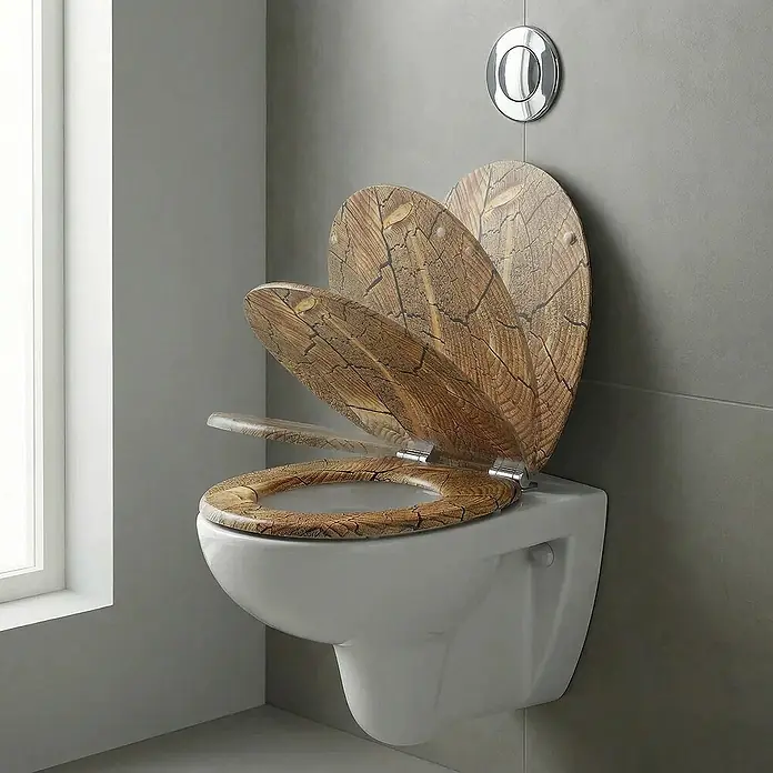 SAINOS WC-Sitz MDF WC-Sitz Braun Holzoptik, O-Form, Absenkautomatik, Zinkscharniere, Unten - MDF, Braun, Mit Absenkautomatik