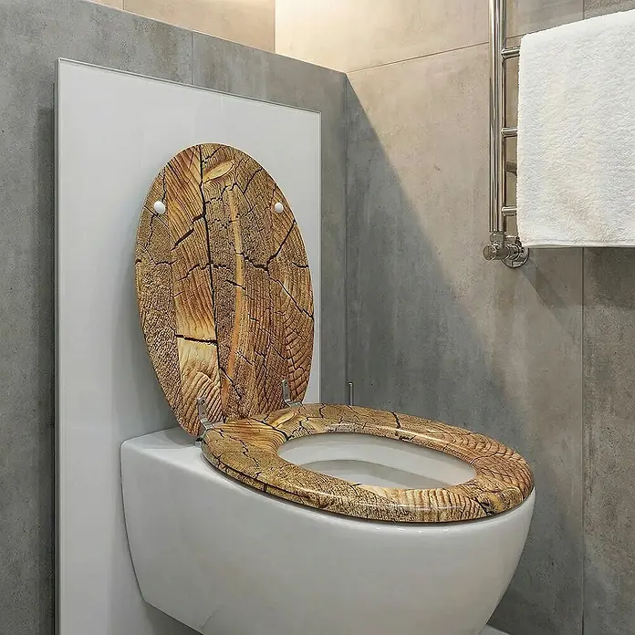 SAINOS WC-Sitz MDF WC-Sitz Braun Holzoptik, O-Form, Absenkautomatik, Zinkscharniere, Unten - MDF, Braun, Mit Absenkautomatik