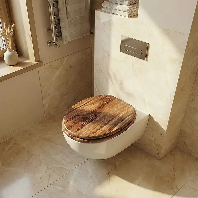 SAINOS WC-Sitz MDF WC-Sitz Braun Holzoptik, O-Form, Absenkautomatik, Zinkscharniere, Unten - MDF, Braun, Mit Absenkautomatik - Wandhängendes WC mit markantem dunklem Holzsitz in einem modernen Badezimmer.
