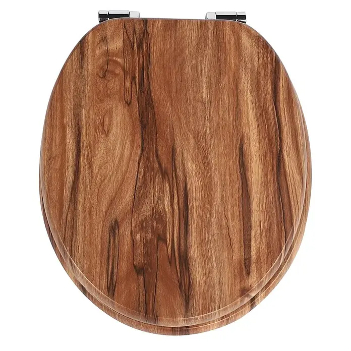 SAINOS WC-Sitz MDF WC-Sitz Braun Holzoptik, O-Form, Absenkautomatik, Zinkscharniere, Unten - MDF, Braun, Mit Absenkautomatik - Ovaler Toilettensitz aus Holz mit reicher, natürlicher Maserung und glänzenden Chromscharnieren.