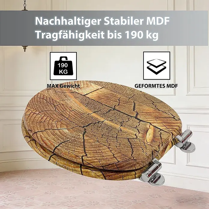 SAINOS WC-Sitz MDF WC-Sitz Braun Holzoptik, O-Form, Absenkautomatik, Zinkscharniere, Unten - MDF, Braun, Mit Absenkautomatik