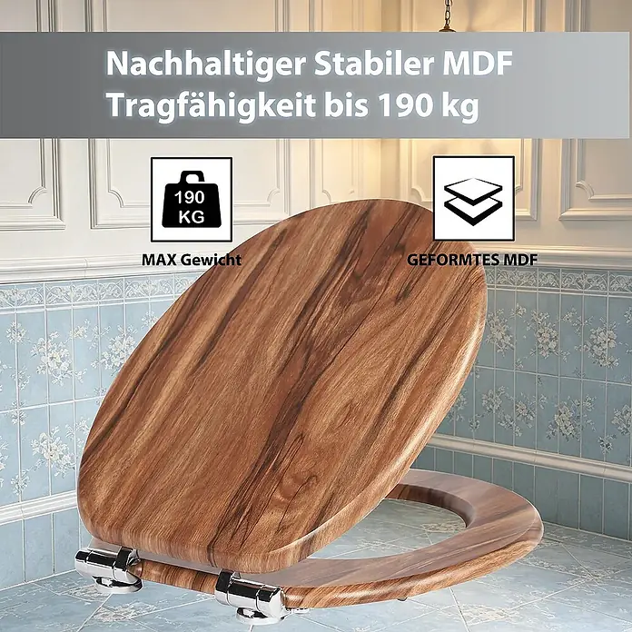SAINOS WC-Sitz MDF WC-Sitz Braun Holzoptik, O-Form, Absenkautomatik, Zinkscharniere, Unten - MDF, Braun, Mit Absenkautomatik - Stabiler WC-Sitz aus MDF in Holzoptik, tragfähig bis 190 kg.