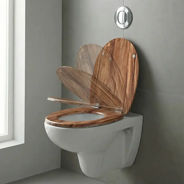 SAINOS WC-Sitz MDF WC-Sitz Braun Holzoptik, O-Form, Absenkautomatik, Zinkscharniere, Unten - MDF, Braun, Mit Absenkautomatik - Wand-WC mit Toilettensitz und -deckel aus Holzmaserung, teilweise geöffnet dargestellt.