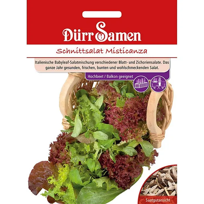 Dürr Samen Salatsamen Schnittsalat - Lactuca sativa, Erntezeit: Mai, 7,5 g - Samenpackung für Schnittsalat Misticanza mit Bild von frischem Blattsalat und Samenansicht.