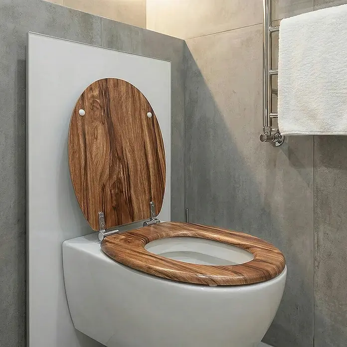 SAINOS WC-Sitz MDF WC-Sitz Braun Holzoptik, O-Form, Absenkautomatik, Zinkscharniere, Unten - MDF, Braun, Mit Absenkautomatik - Offener WC-Sitz und Deckel aus Holz mit ausgeprägter Maserung, auf einer weißen Toilette im modernen Bad.