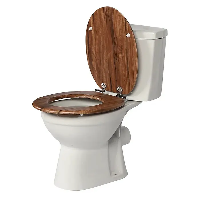 SAINOS WC-Sitz MDF WC-Sitz Braun Holzoptik, O-Form, Absenkautomatik, Zinkscharniere, Unten - MDF, Braun, Mit Absenkautomatik - Toilettensitz und Deckel in brauner Holzoptik auf einer weißen Toilette.