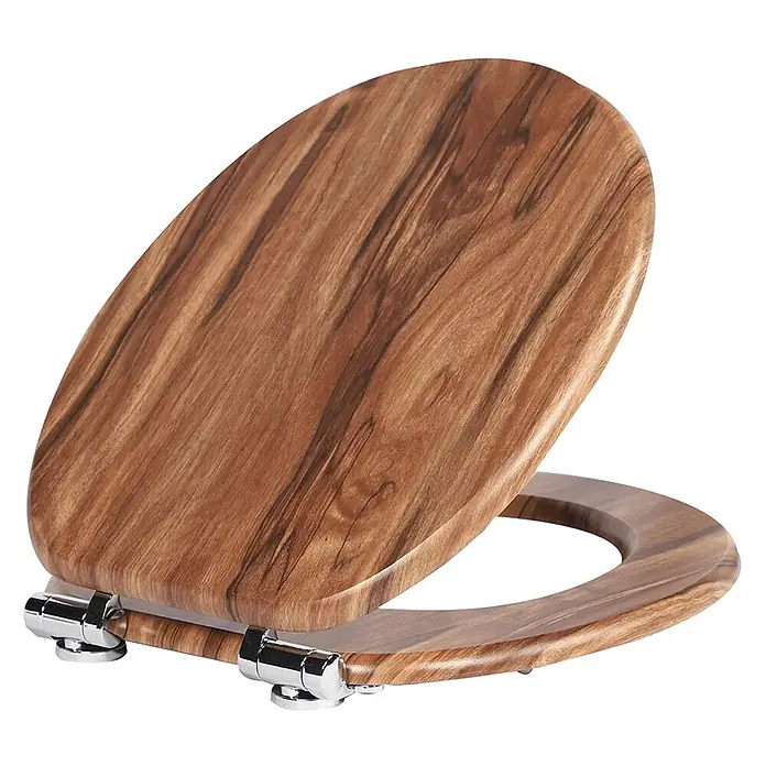 SAINOS WC-Sitz MDF WC-Sitz Braun Holzoptik, O-Form, Absenkautomatik, Zinkscharniere, Unten - MDF, Braun, Mit Absenkautomatik - Toilettensitz aus Holz mit natürlicher Maserung und Chromscharnieren, geöffnet dargestellt.