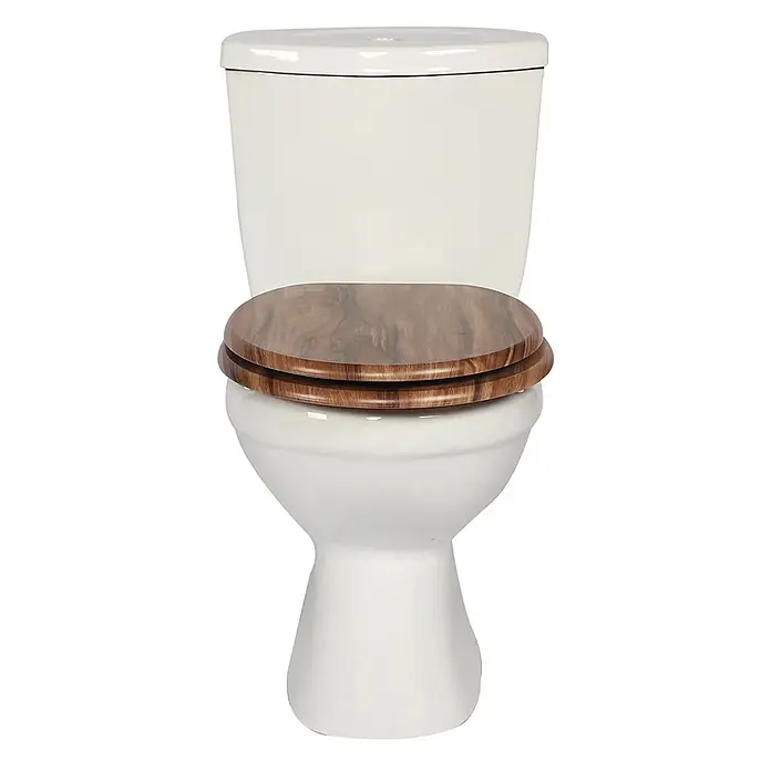 SAINOS WC-Sitz MDF WC-Sitz Braun Holzoptik, O-Form, Absenkautomatik, Zinkscharniere, Unten - MDF, Braun, Mit Absenkautomatik - Weiße Toilette mit einem dunklen Toilettensitz und Deckel aus Holz.