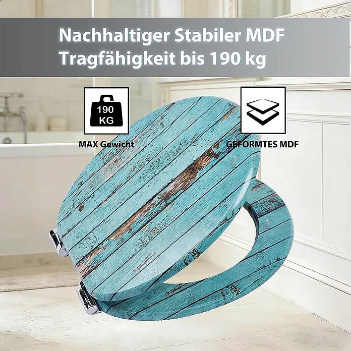 SAINOS WC-Sitz MDF WC-Sitz Blau Holzoptik, O-Form, Absenkautomatik, Zinkscharniere, Unten - MDF, Blau, Mit Absenkautomatik