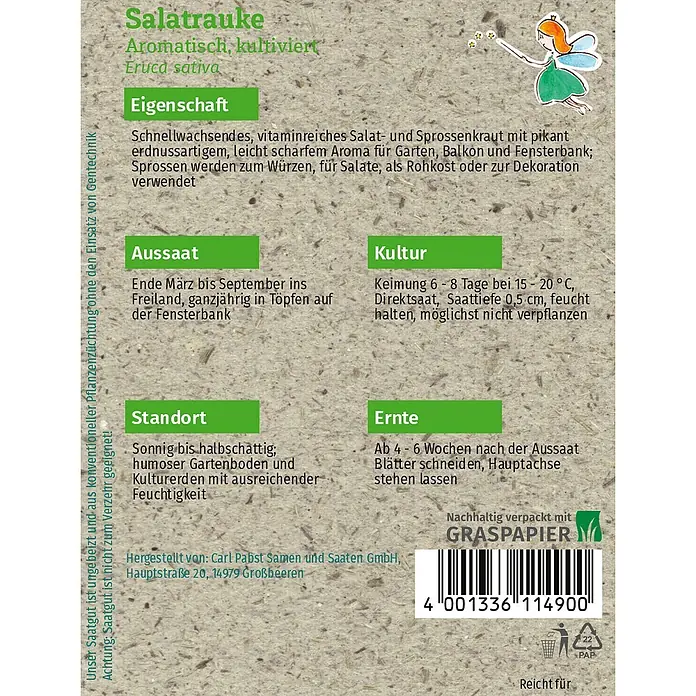 Grüne Fee Salatsamen Salatrauke - Eruca sativa Mill., Erntezeit: Sortenabhängig, 0,8 g - Samenpackung für Salatrauke aus Graspapier, mit Pflanzeninformationen, Barcode und einer kleinen Feenillustration.