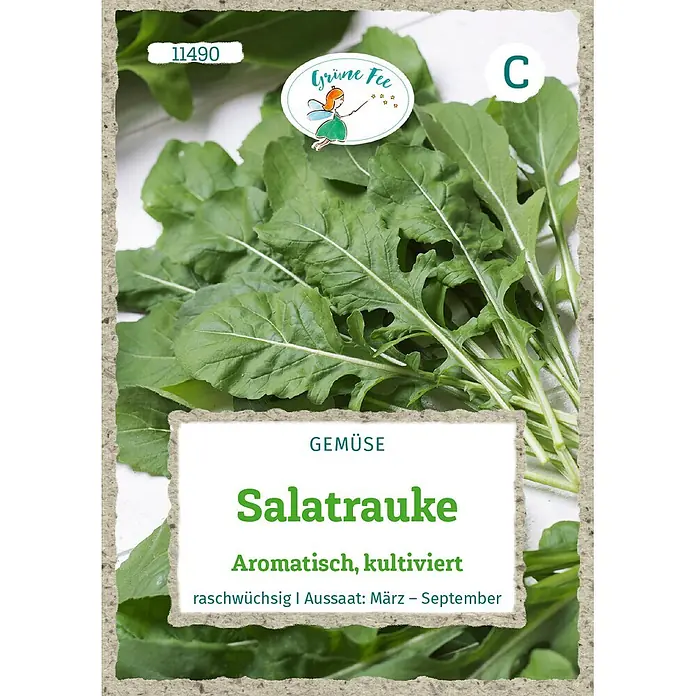 Grüne Fee Salatsamen Salatrauke - Eruca sativa Mill., Erntezeit: Sortenabhängig, 0,8 g - Grüne Salatrauke-Blätter mit einem Etikett für 'Grüne Fee' Salatrauke, Aussaat März bis September.