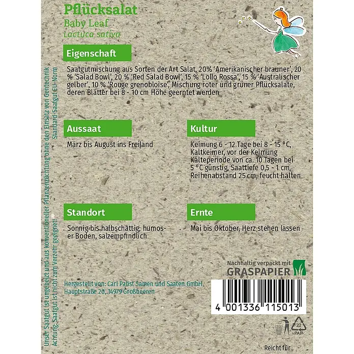 Grüne Fee Salatsamen Pflücksalat - Lactuca sativa L., Erntezeit: Mai, 0,4 g - Pflücksalat-Samenpackung aus Graspapier mit Anweisungen und Barcode.