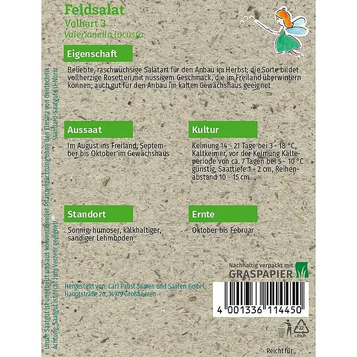 Grüne Fee Salatsamen Feldsalat - Valerianella locusta (L.) Laterr., Erntezeit: Oktober, 1 g - Samenpackung für Feldsalat mit Feenzeichnung, Produktinformationen und Barcode. Aus Graspapier.