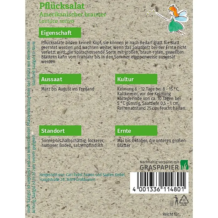 Grüne Fee Salatsamen Pflücksalat - Lactuca sativa var. acephala, Erntezeit: Mai, 0,4 g - Samenpäckchen für Amerikanischen Braunen Pflücksalat aus Graspapier, mit grün-weißer Schrift und Feen-Illustration.