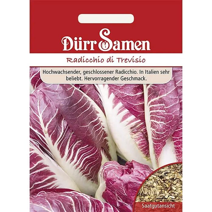 Dürr Samen Salatsamen Radicchio - Cichorium intybus, Erntezeit: Oktober, 4,5 g - Dürr Samen Radicchio di Trevisio Saatgutpackung. Rote Verpackung mit lila Radicchio-Blättern und Samen. Beschriftung: 'Hochwachsender Radicchio, beliebt in Italien'.