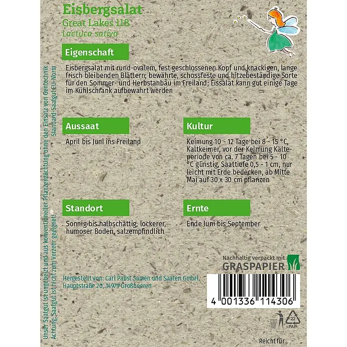 Grüne Fee Salatsamen Eisbergsalat - Lactuca sativa var. capitata L., Erntezeit: Juni, 0,3 g - Samenpackung für Eisbergsalat 'Great Lakes 118' aus Graspapier mit Anweisungen und einer Fee-Illustration.