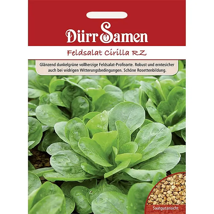 Dürr Samen Feldsalat Cirilla RZ -  - Rot-grünes Dürr Samen Samenpäckchen für Feldsalat Cirilla RZ, zeigt Pflanzen und Samen.