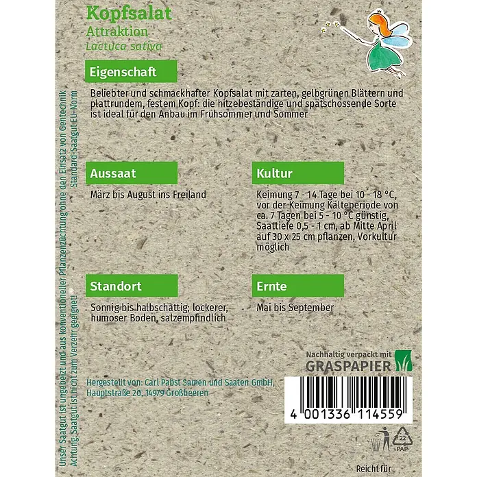 Grüne Fee Salatsamen Kopfsalat - Lactuca sativa var. capitata L., Erntezeit: Mai, 0,3 g - Samenpäckchen für Kopfsalat 'Attraktion' aus Graspapier, mit grünen und schwarzen Texten sowie Pflanzanweisungen und Barcode.