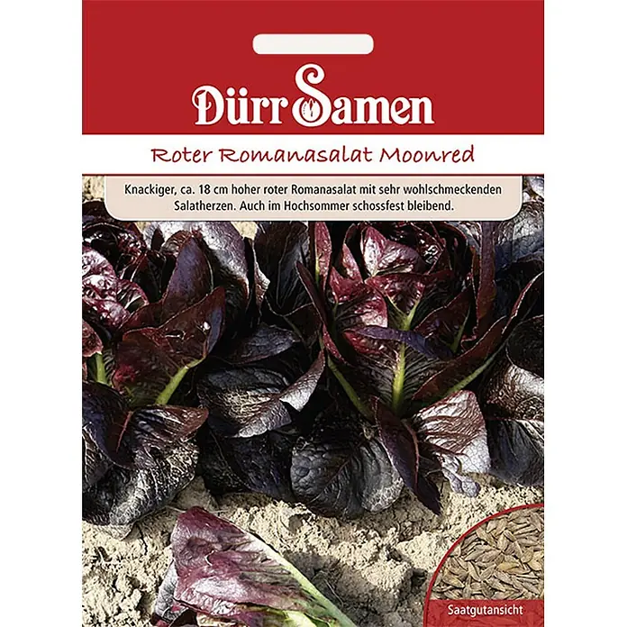 Dürr Samen Romana-Salat Moonred -  - Samenpackung: Roter Romanasalat 'Moonred' von Dürr Samen, mit Bild des roten Salats und Nahaufnahme der Samen.