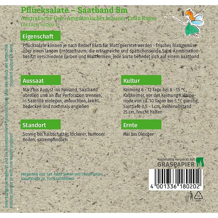 Grüne Fee Salatsamen Saatband - Mischung, Erntezeit: Mai, 9 g - Verpackung für Pflücksalat-Saatband mit Pflanzanleitung, aus Graspapier.