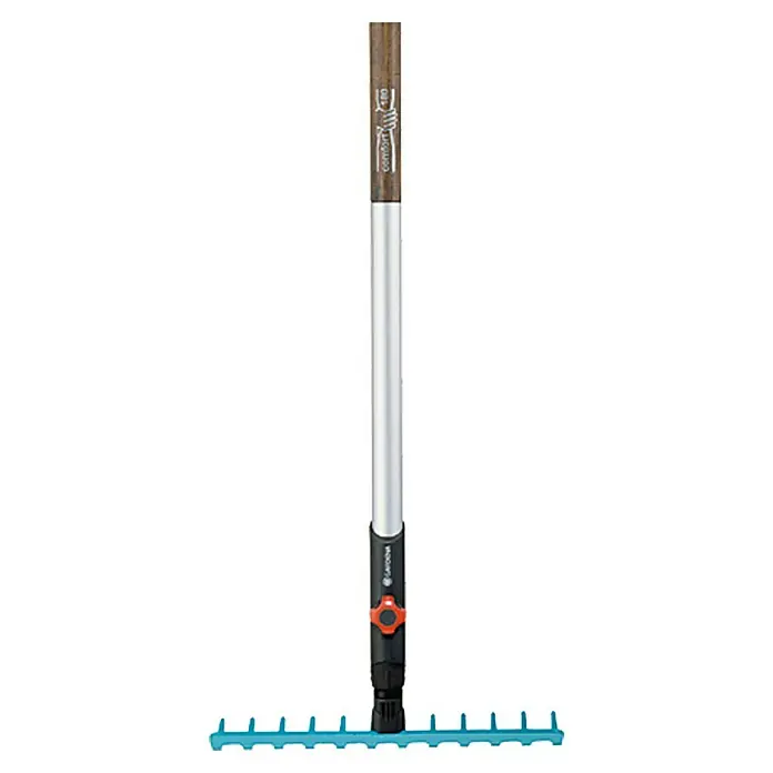 Gardena Combisystem Gartenrechen - Arbeitsbreite: 30 cm, Stahl, Anzahl Zinken: 12 Stk. - Abbildung einer Gardena Rechen mit verstellbarer Arbeitsbreite und einem Combisystem-Stiel.
