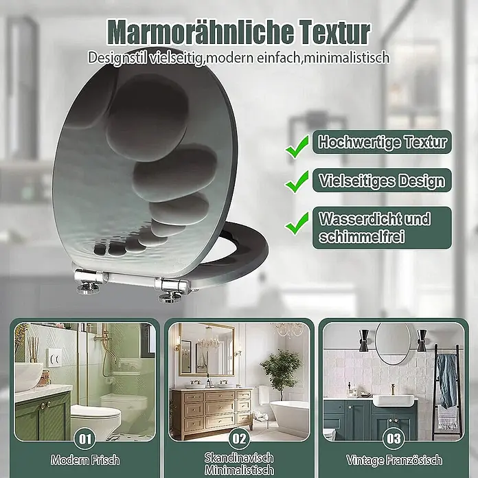 SAINOS WC-Sitz MDF WC-Sitz Schwarz 3D, O-Form, Absenkautomatik, Zinkscharniere, Unten - MDF, Schwarz, Mit Absenkautomatik