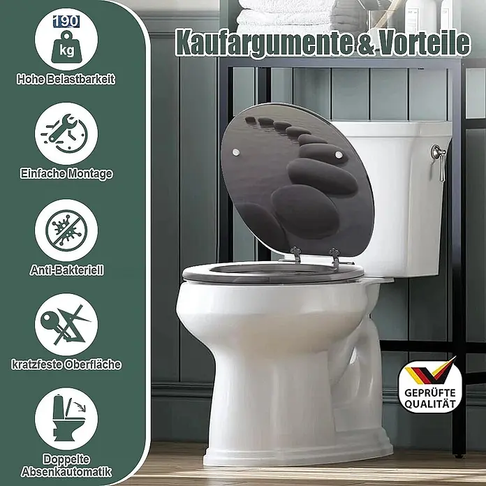 SAINOS WC-Sitz MDF WC-Sitz Schwarz 3D, O-Form, Absenkautomatik, Zinkscharniere, Unten - MDF, Schwarz, Mit Absenkautomatik