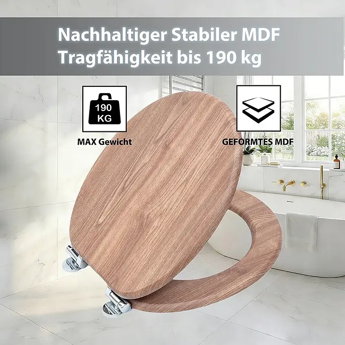 SAINOS WC-Sitz MDF WC-Sitz Beige Holzoptik, O-Form, Absenkautomatik, Zinkscharniere, Unten - MDF, Beige, Mit Absenkautomatik