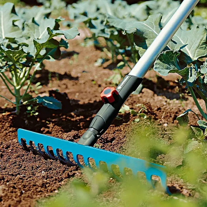Gardena Combisystem Gartenrechen - Arbeitsbreite: 36 cm, Stahl, Anzahl Zinken: 14 - Der blaue Gardena Rechen im Einsatz im Garten, um den Boden zu ebnen und vorzubereiten. Ideal für Gartenarbeiten.