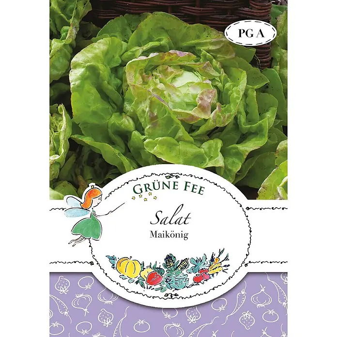 Grüne Fee Salatsamen Salat - Lactuca sativa var. capitata L., Erntezeit: Mai, 0,3 g - Samentüte für 'Grüne Fee Maikönig' Salat, mit Fee, Gemüseillustrationen und 'PGA' Etikett auf Salat-Hintergrund.