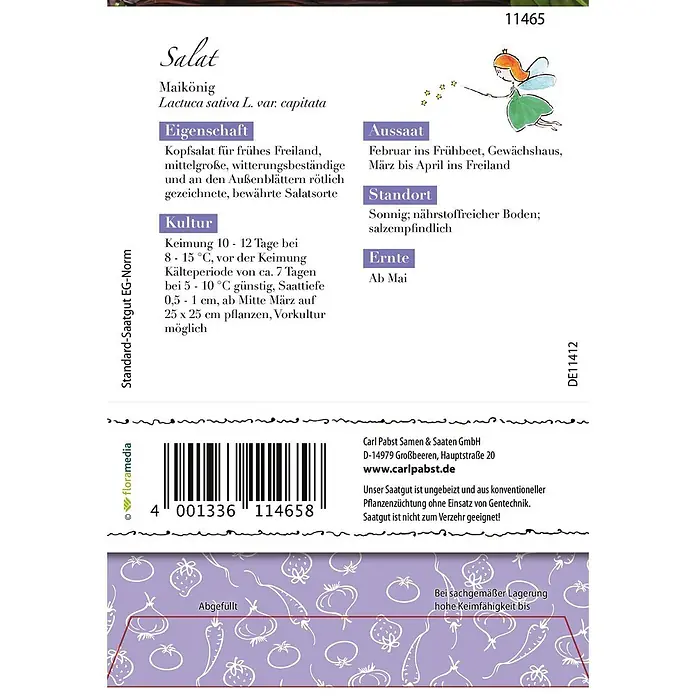 Grüne Fee Salatsamen Salat - Lactuca sativa var. capitata L., Erntezeit: Mai, 0,3 g - Samenpäckchen für Maikönig Salat mit Pflanzanleitung, Barcode und Firmeninformationen.