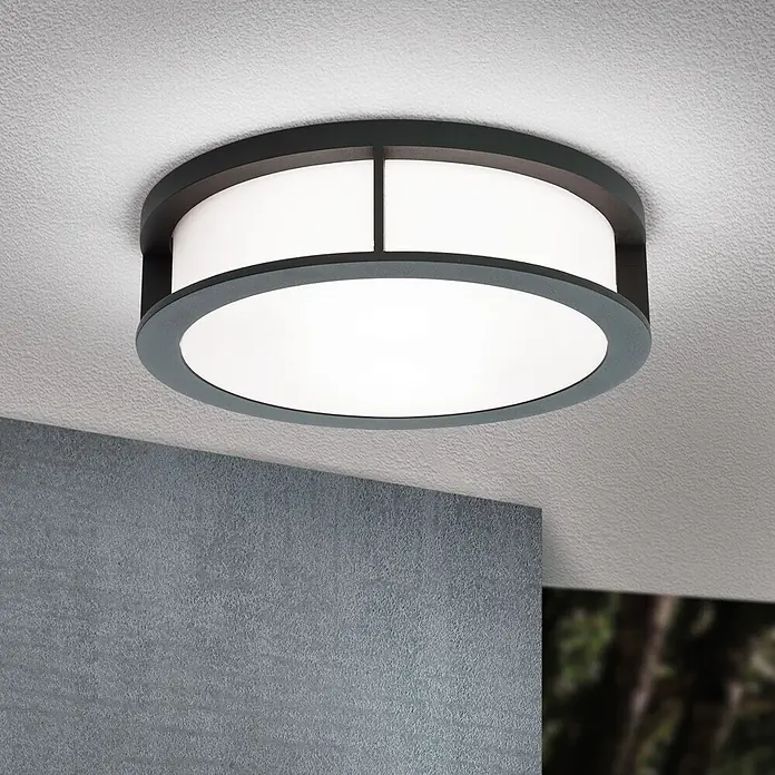 Orion Leuchten Außenwand- & Deckenleuchte Henry - 30 W, L x B x H: 30 x 30 x 8 cm, Schwarz, Opal, IP44 - Runde dunkelgraue Deckenleuchte mit weißem Diffusor, an strukturierter Decke in einem Raum montiert.