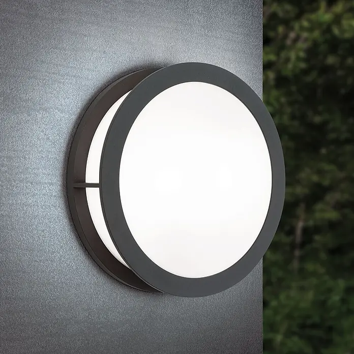 Orion Leuchten Außenwand- & Deckenleuchte Henry - 30 W, L x B x H: 30 x 30 x 8 cm, Schwarz, Opal, IP44 - Runde dunkelgraue Außenwandleuchte mit weißem Diffusor.