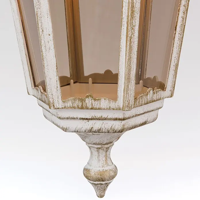 Orion Leuchten Außenwand- & Deckenleuchte Puchberg - 60 W, L x B x H: 22 x 22 x 100 cm, Weiß, Klar, IP40 - Antike weiß-goldene Laterne mit bernsteinfarbenen Glasplatten, von oben hängend.