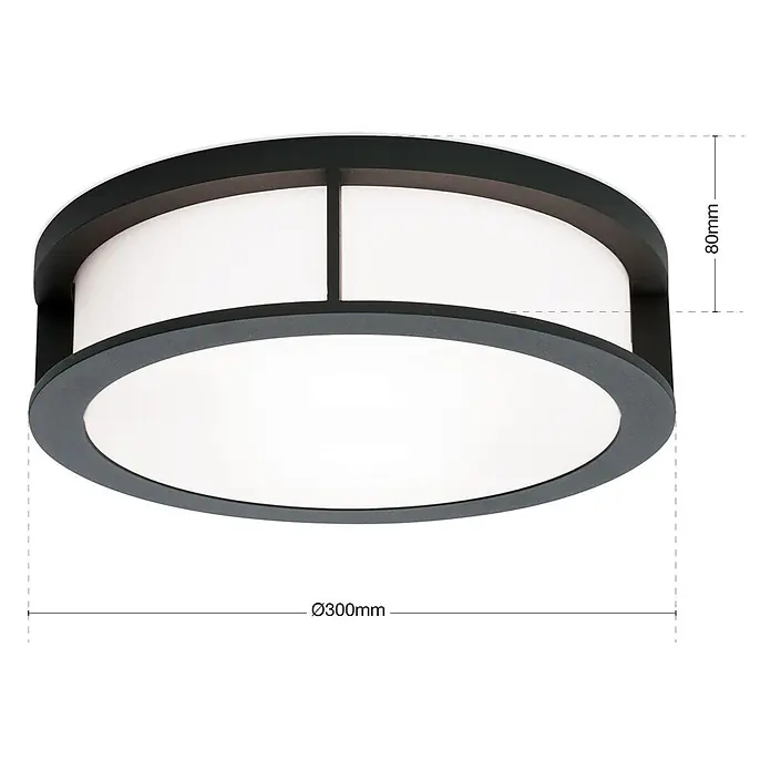 Orion Leuchten Außenwand- & Deckenleuchte Henry - 30 W, L x B x H: 30 x 30 x 8 cm, Schwarz, Opal, IP44 - Runde dunkelgraue Deckenleuchte mit weißem Diffusor.