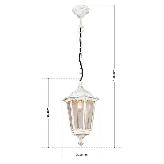 Orion Leuchten Außenwand- & Deckenleuchte Puchberg - 60 W, L x B x H: 22 x 22 x 100 cm, Weiß, Klar, IP40 - Antikweiße Hängelaterne aus patiniertem Metall mit Glaspaneelen, Pendelleuchte.