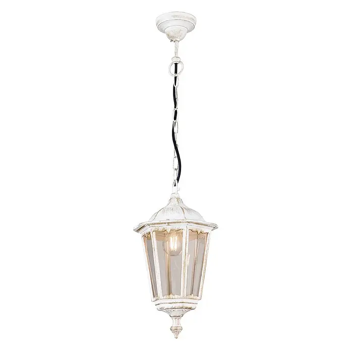 Orion Leuchten Außenwand- & Deckenleuchte Puchberg - 60 W, L x B x H: 22 x 22 x 100 cm, Weiß, Klar, IP40 - Weiße, antikisierte Hängeleuchte aus Metall und Glas im Laternenstil mit sichtbarer Glühbirne.