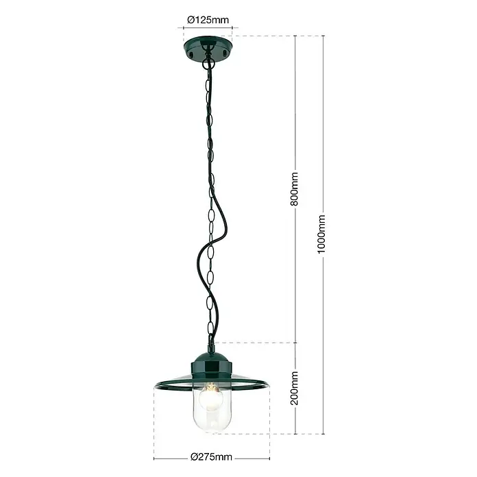 Orion Leuchten Außenwand- & Deckenleuchte Edward - 60 W, L x B x H: 27,5 x 27,5 x 100 cm, Grün, Klar, IP44 - Dunkelgrüne Pendelleuchte aus Metall und Glas mit transparentem Schirm, an Kette und Kabel aufgehängt.