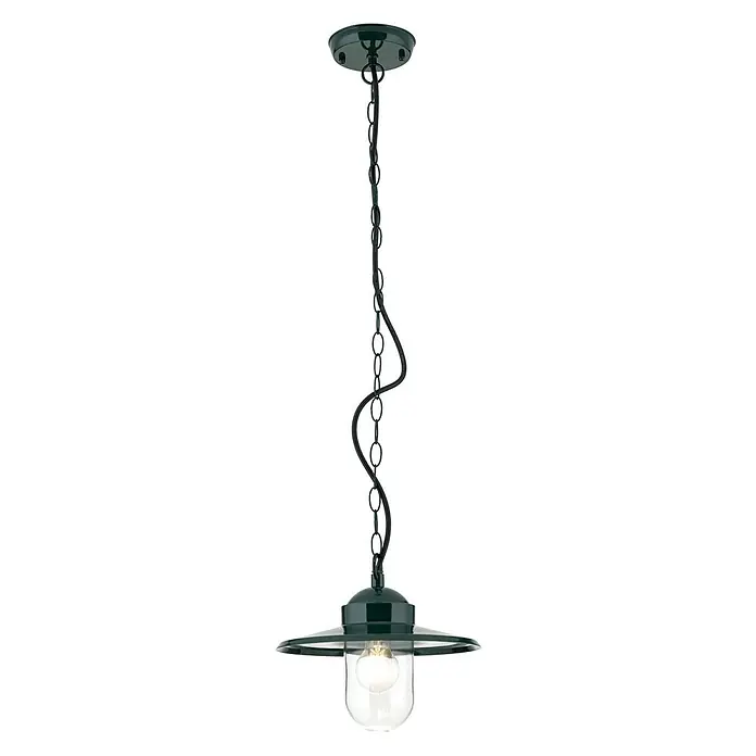 Orion Leuchten Außenwand- & Deckenleuchte Edward - 60 W, L x B x H: 27,5 x 27,5 x 100 cm, Grün, Klar, IP44 - Dunkelgrüne Pendelleuchte mit Kette, schwarzem Kabel und klarem Glasschirm.