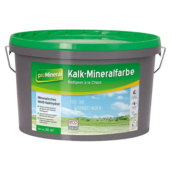 Baufan ProMineral Wandfarbe Kalk-Mineralfarbe - Weiß, Matt, 5 l, Abtönbar - Grauer Eimer proMineral Kalk-Mineralfarbe mit grünem Deckel und Etikett.