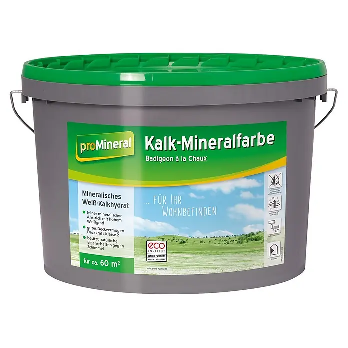 Baufan ProMineral Wandfarbe Kalk-Mineralfarbe - Weiß, Matt, 10 l, Abtönbar - Grauer Eimer proMineral Kalk-Mineralfarbe mit grünem Deckel, für ca. 60 m² Innenbereich, dampfdurchlässig und schimmelhemmend.
