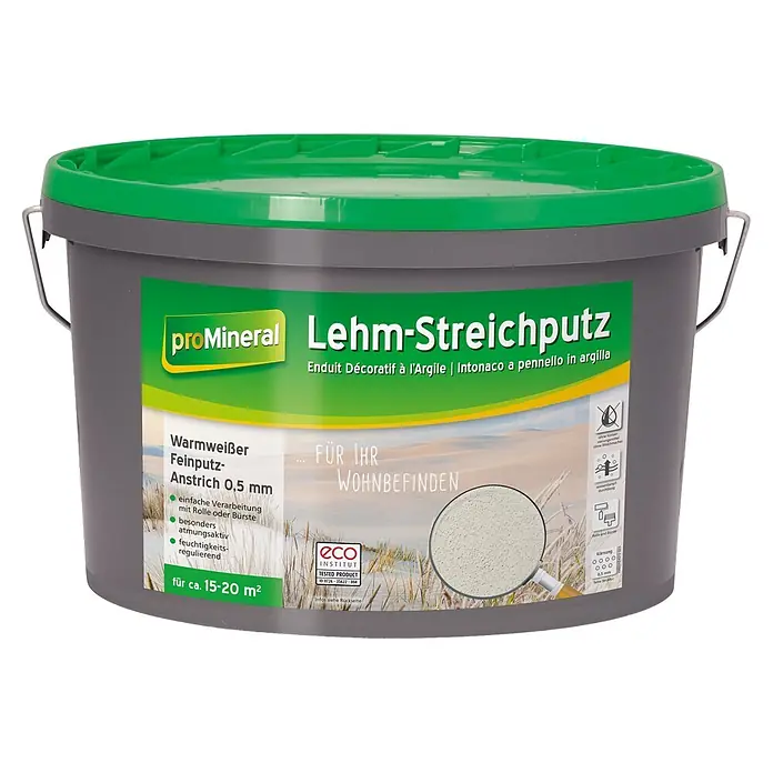 Baufan ProMineral Lehm-Streichputz - Naturweiß, 7 kg - Grauer Eimer mit grünem Deckel proMineral Lehm-Streichputz (warmweißer Feinputz 0,5 mm) für Innenräume.